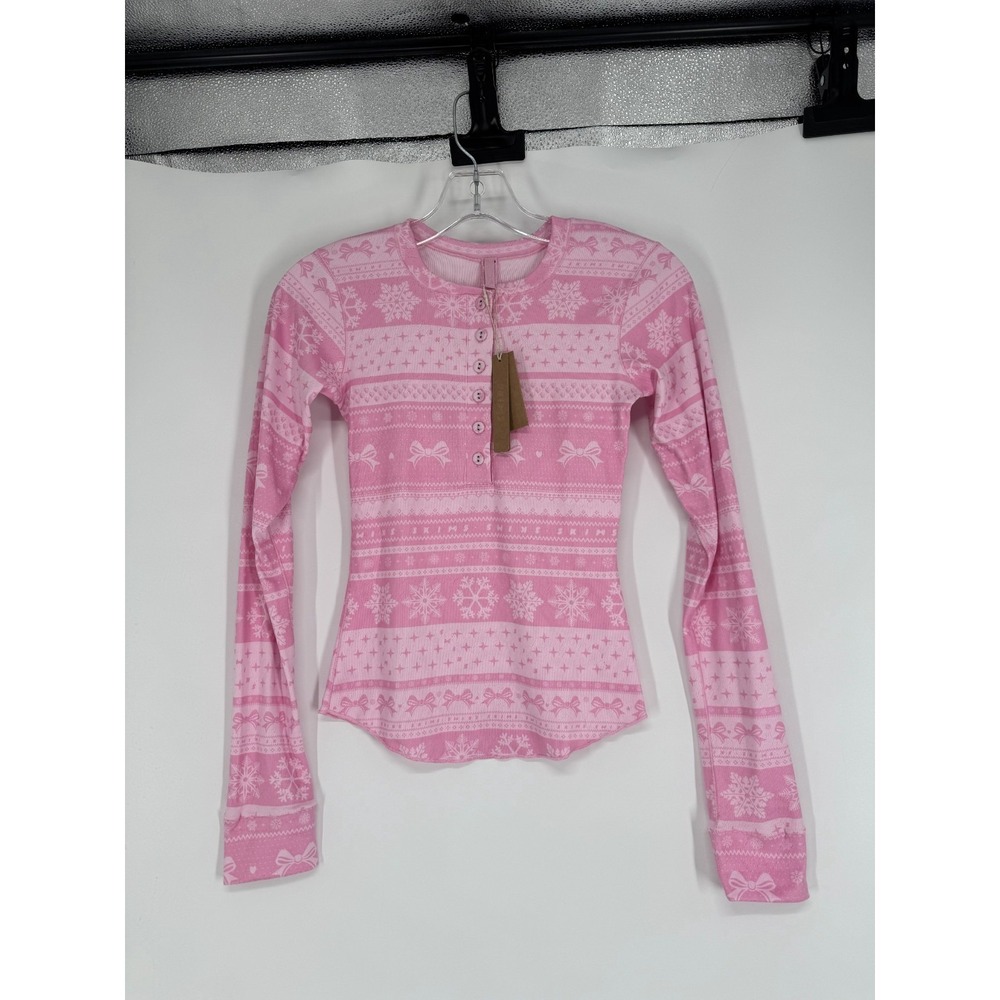 SKIMS Logo Plush‎ Pointelle Henley Tee T Shirt Top Long Sleeve 2XS Bubblegum